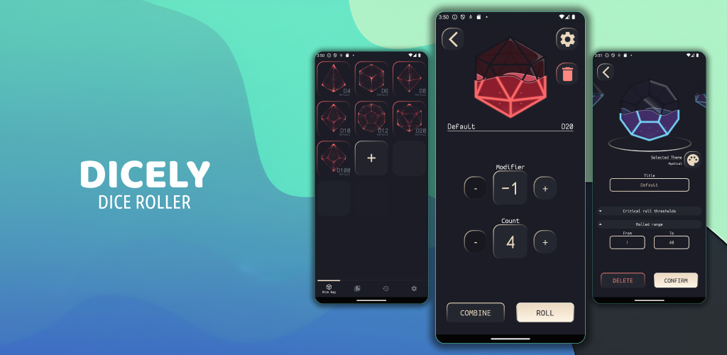 Dicely app screens showing dice selection, a d20 roll, and dice editing.
