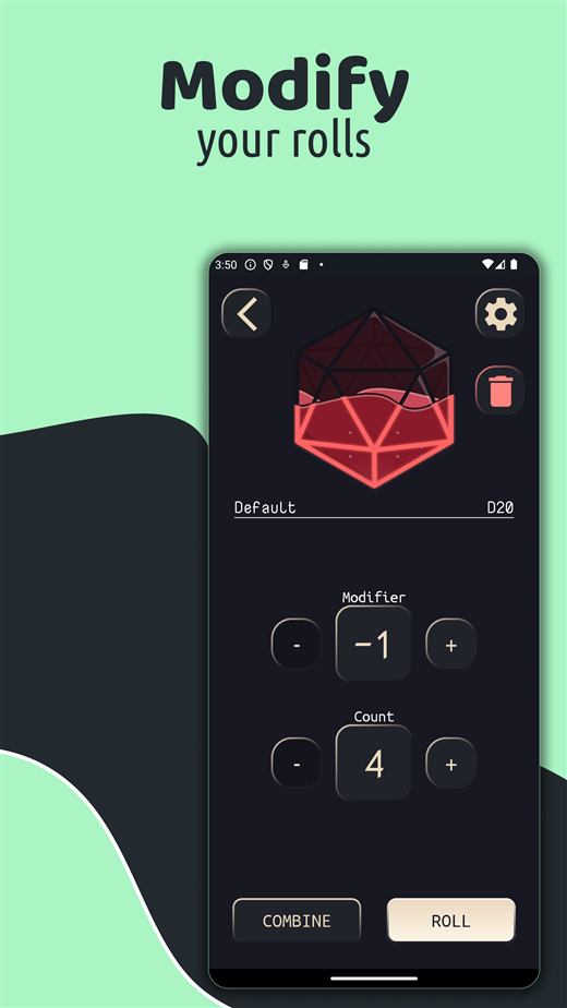 D20 roller screen with modifier and count controls.