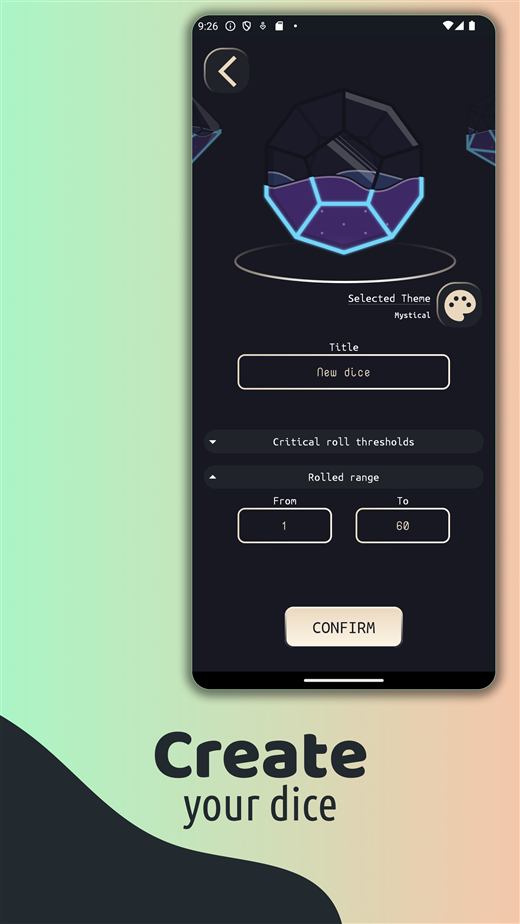 Custom dice creation screen.