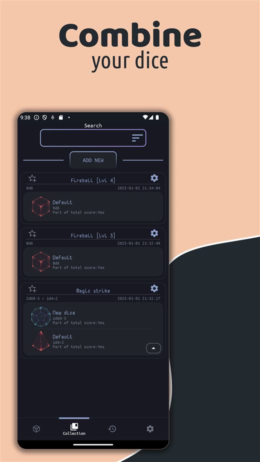 Dice combination and preset screen.