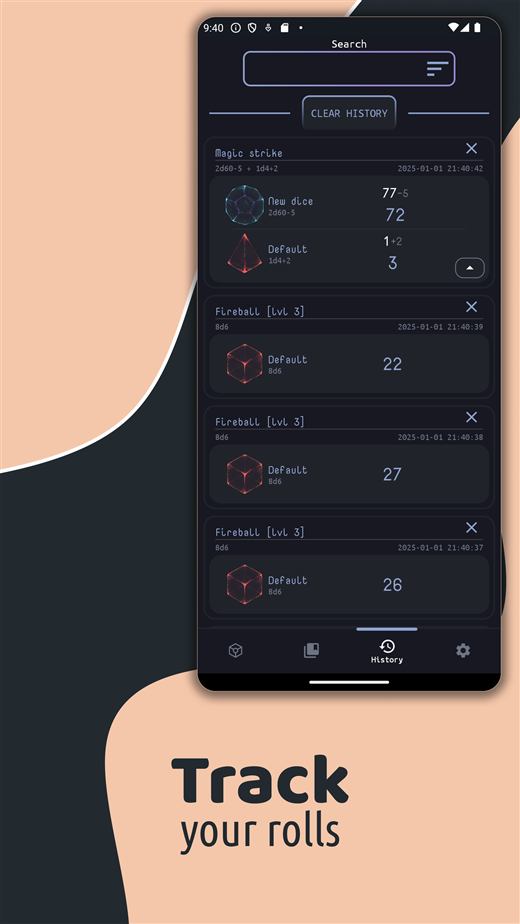 Stored roll history screen on phone.