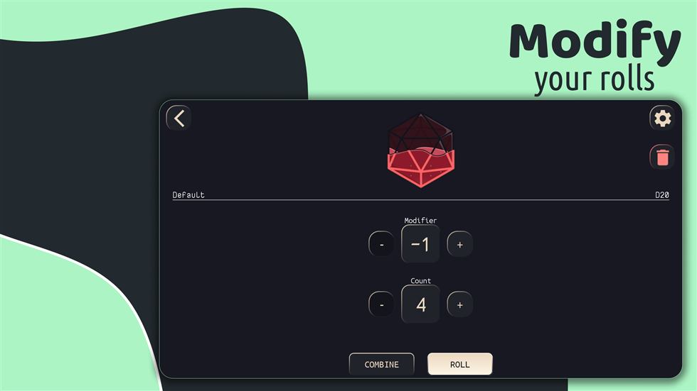 Tablet dice roller controls.