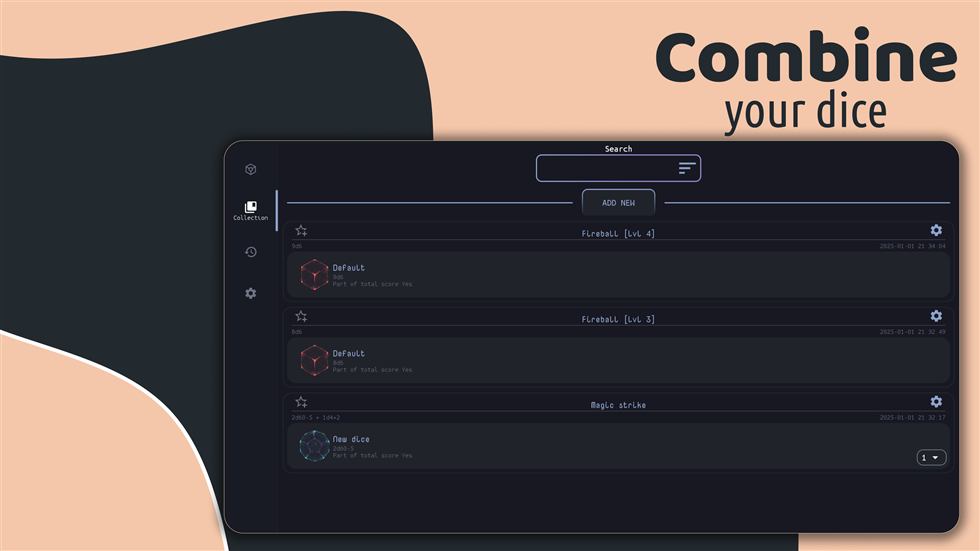 Tablet dice combination and preset layout.